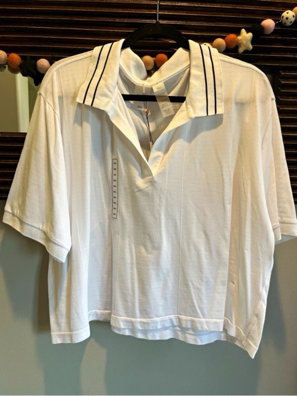 CALIA Cropped Short Sleeve Polo Shirt - White with Black Striped Collar XXL New